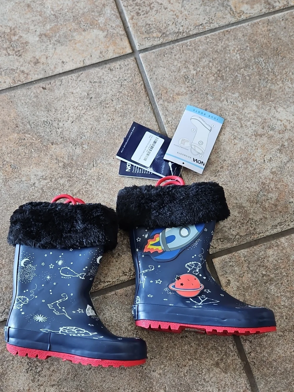 Nova Kids Space Rocket Rain Boots with Faux Fur Cuff - Navy & Red